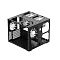Фото-8 Корпус ПК Fractal Design Node 804, чёрный &mdash; каркас без панелей, вид под углом; видны вентилятор на боковой рамке, отверстия крепления и верхние вырезы под вентиляторы/радиатор, слоты расширения сзади. Контекст: демонстрация посадочных мест для системы охлаждения и компонентов.