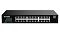 Фото-2 Коммутатор Tenda TEG2224D, фронтальный вид; чёрная лицевая панель с 24 RJ45-портами в два ряда, слева логотип и индикаторы, справа QR-метка; на странице товара помогает оценить количество и расположение сетевых портов.