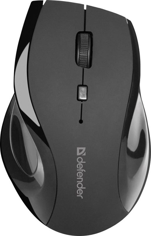 Фото-1 Беспроводная мышь Defender Accura MM-295, чёрная, вид сверху; показаны колесо прокрутки, небольшая кнопка под ним, глянцевые боковые вставки и логотип Defender, что важно для страницы товара с внешним видом и органами управления модели.
