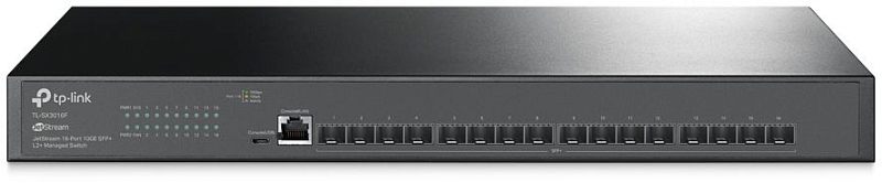 Фото-1 Коммутатор TP-Link SX3016F, фронтальный вид. На фото чёрный стоечный корпус, индикаторы слева, консольный RJ45 и Micro-USB, а также 16 SFP+ слотов на лицевой панели. Изображение показывает компоновку оптических портов для страницы товара.
