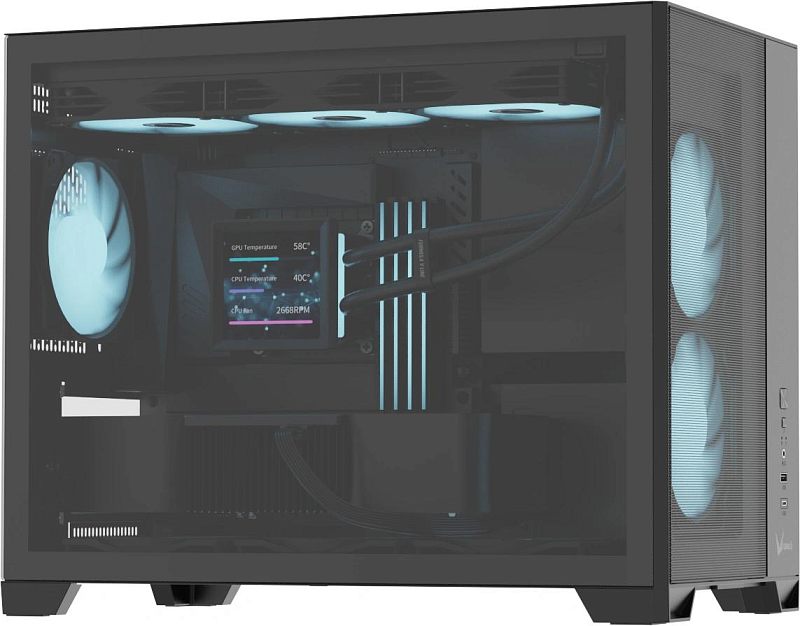 Фото-1 Корпус Powercase Mistral X4 Mesh LED, вид спереди; передняя панель, вентиляционные зоны и контур корпуса показаны для страницы компьютерного корпуса. Чёрный корпус важен для визуальной идентификации товара на странице.