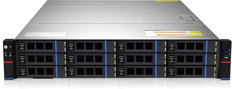 Фото-1 Сервер iRU G2212iG3 12x3.5 Rack 2U, прямой фронтальный вид; видны 12 дисковых отсеков в три ряда, чёрная передняя панель с синими вертикальными вставками, индикаторы на корзинах и блок интерфейсов справа с VGA и USB; фото помогает оценить компоновку фронтальной панели на странице товара сервера.