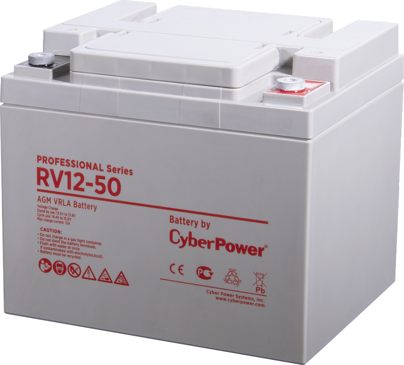 Фото-1 Аккумулятор для ИБП CyberPower RV12-50, вид под углом сверху на корпус; светло-серый корпус с красной маркировкой, сверху крышка и площадки клемм с красной/серой отметкой полярности; изображение на белом фоне важно для понимания конструкции верхней части и выводов.