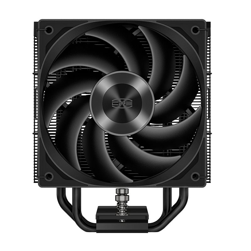 Фото-1 Кулер для процессора PCCooler RZ400 V2 BK, фронтальный вид: чёрный вентилятор с серой наклейкой с логотипом, за ним — радиатор с чёрными пластинами. Внизу виден прижимной винт с пружиной и часть тепловых трубок. Цвет: чёрный; фото показывает переднюю проекцию кулера.