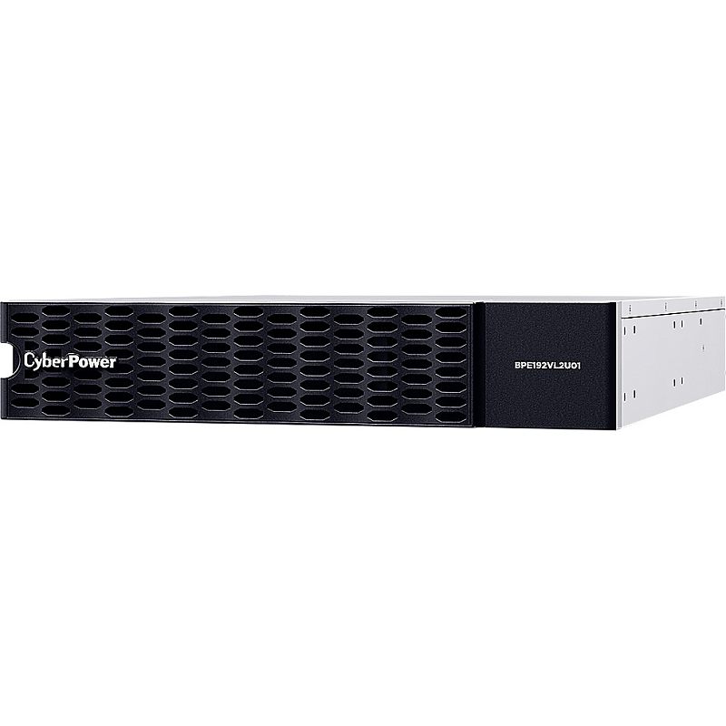 Фото-1 Батарейный модуль для ИБП CyberPower BPE192VL2U01, фронтальный вид: 2U корпус с чёрной решёткой «соты» и логотипом CyberPower, серебристые боковые панели; на белом фоне для понимания стойочного форм‑фактора и вентиляции.
