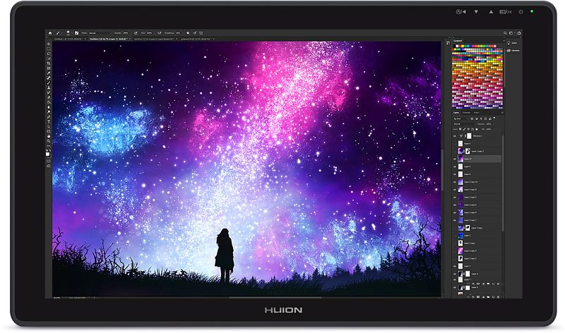 Фото-1 Графический планшет‑дисплей Huion Kamvas 22 — вид спереди: большой экран с открытым графическим редактором, чёрная рамка и логотип HUION внизу. На странице товара показывает формат дисплея и пример рабочего интерфейса.