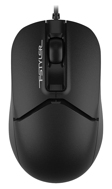 Фото-1 Проводная мышь A4Tech Fstyler FM12 Black, вид сверху; на фото чёрный симметричный корпус, чёрное колесо прокрутки, глянцевая центральная вставка и кабель на переднем торце; изображение показывает внешний вид модели для страницы товара.