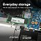 Фото-5 SSD Crucial E100 M.2 2280 2 ТБ, установленный модуль внутри ноутбука; видны вентилятор, аккумулятор, плата устройства и наклейка Crucial на накопителе, фото важно для страницы товара как пример применения в ноутбуке.