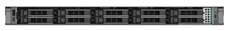 Фото-1 Сервер Dell PowerEdge R470, фронтальный вид: десять hot‑swap отсеков 2,5″ (2×5), справа панель управления с кнопкой питания; чёрная лицевая часть на белом фоне, демонстрирует конфигурацию дисковых отсеков для 1U стойки.