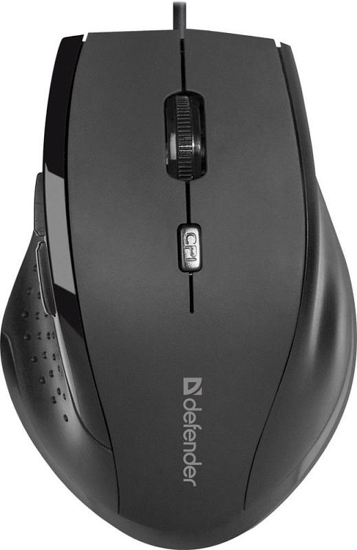 Фото-1 Проводная мышь Defender Accura MM-362, чёрная, вид сверху; компактный симметричный корпус, колесо прокрутки по центру и кнопка CPI под ним, слева заметна боковая кнопка и фактурная зона хвата; фото показывает базовый дизайн и элементы управления товара.