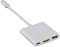 Фото-1 Адаптер Buro BHP RET TPC-HDM &mdash; вид под углом, короткий кабель USB‑C и прямоугольный корпус, на торце порты USB‑C, HDMI и USB‑A (синий вкладыш), бело‑серебристый корпус.