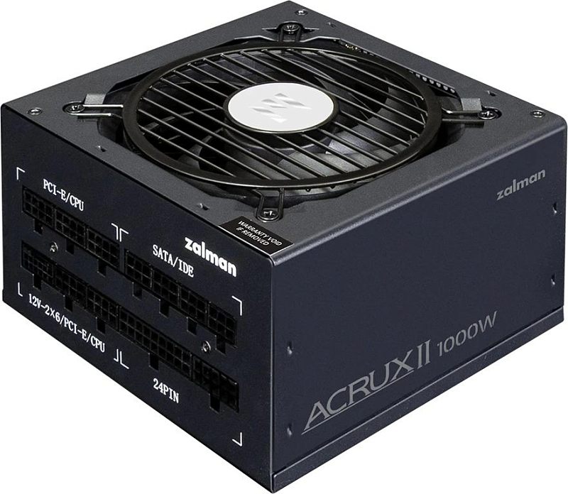 Фото-1 Блок питания для ПК Zalman ACRUX II 1000W, общий вид под углом сверху; видны верхняя вентиляторная решётка, модульные разъёмы с подписями и боковая надпись ACRUX II 1000W; тёмно-серый и чёрный; фото на белом фоне показывает форм-фактор и расположение подключений для установки в корпус.