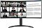 Фото-1 Монитор LG 34WR55QK-B, вид спереди. Чёрный изогнутый экран UltraWide на цилиндрической стойке с дугообразным основанием; на дисплее показаны видеоконференция и документ Marketing Trends for Business Planning. Подходит для страницы товара как основное фото фронтального вида ультраширокого монитора.