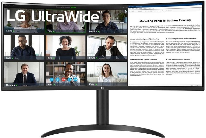 Фото-1 Монитор LG 34WR55QK-B, вид спереди. Чёрный изогнутый экран UltraWide на цилиндрической стойке с дугообразным основанием; на дисплее показаны видеоконференция и документ Marketing Trends for Business Planning. Подходит для страницы товара как основное фото фронтального вида ультраширокого монитора.