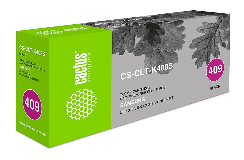Фото-1 Тонер-картридж Cactus CS-CLT-K409S, коробка в ракурсе спереди слева. На изображении серо-зелёная упаковка с белой маркировкой модели, круглой меткой 409 и обозначением black, указана совместимость с Samsung CLP-310, 315, CLX-3170, 3175 и 3175FN. Фото помогает распознать модель и тип расходника на странице товара.