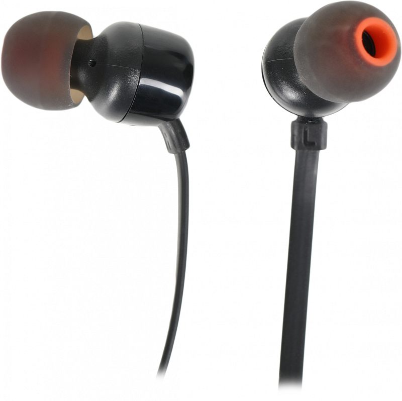 Фото-1 Гарнитура JBL Tune 110, крупный план двух внутриканальных наушников под углом. На фото видны чёрные глянцевые корпуса, силиконовые амбушюры с оранжевым каналом и выход кабеля из нижней части корпуса. Изображение показывает форму звуководов и посадку амбушюр для страницы товара с проводной гарнитурой.
