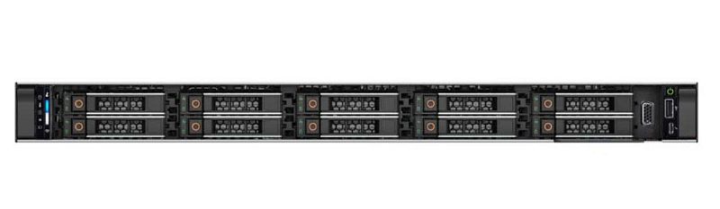Фото-1 Сервер Dell PowerEdge R660, фронтальный вид, десять корзин 2,5" на передней панели и блок индикации справа, элементы крепления под стойку по краям, корпус чёрный.