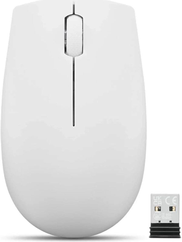 Фото-1 Беспроводная компактная мышь Lenovo 300 Wireless Compact, вид сверху; показаны две основные кнопки, колесо прокрутки и USB-приёмник рядом с корпусом, светло-серый цвет, изображение нужно для идентификации модели и способа подключения на странице товара