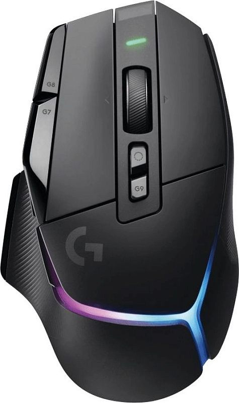 Фото-1 Мышь Logitech G502 X Plus, вид сверху слева под углом; чёрный корпус с угловатыми линиями, колесом прокрутки, отдельными кнопками сверху и логотипом G на задней части; изображение важно для страницы товара для показа основного ракурса и формы корпуса.