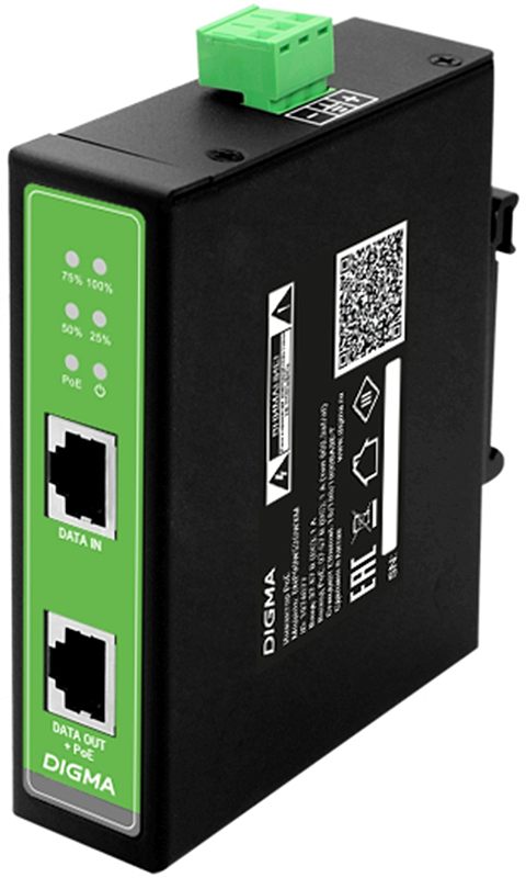 Фото-1 PoE‑инжектор DIGMA DNP90W48GDXM, вид спереди под углом на белом фоне; чёрный корпус с зелёной лицевой панелью, порты RJ45 и ряд светодиодов (25–100%); важно для понимания интерфейсов и индикации питания PoE.