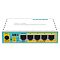Фото-2 Маршрутизатор MikroTik hEX PoE lite RB750UPr2 — фронтальный вид; пять портов Ethernet с подписями PoE, индикаторы и гнездо питания, корпус белого цвета; фото на белом фоне важно для понимания назначения портов на странице товара.