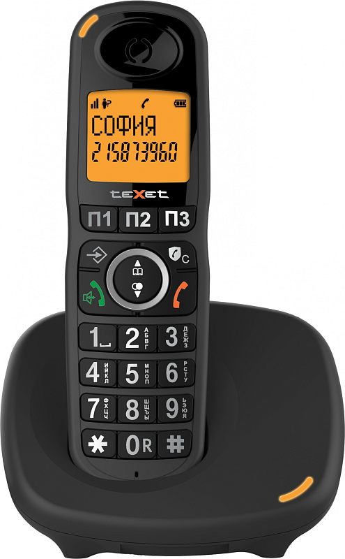 Фото-1 DECT-телефон teXet TX-8905A, предметный вид на базе; чёрный беспроводной телефон с цифровой клавиатурой и дисплеем установлен на зарядной базе; изображение важно для страницы товара для показа внешнего вида трубки и базы.