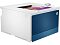 Фото-2 Цветной лазерный принтер HP Color LaserJet Pro 4203dw, ракурс спереди слева: видна синяя передняя панель, сверху частично выдвинут отпечаток и справа панель управления; белый корпус на белом фоне, чтобы показать устройство под углом и расположение верхнего выхода листа.