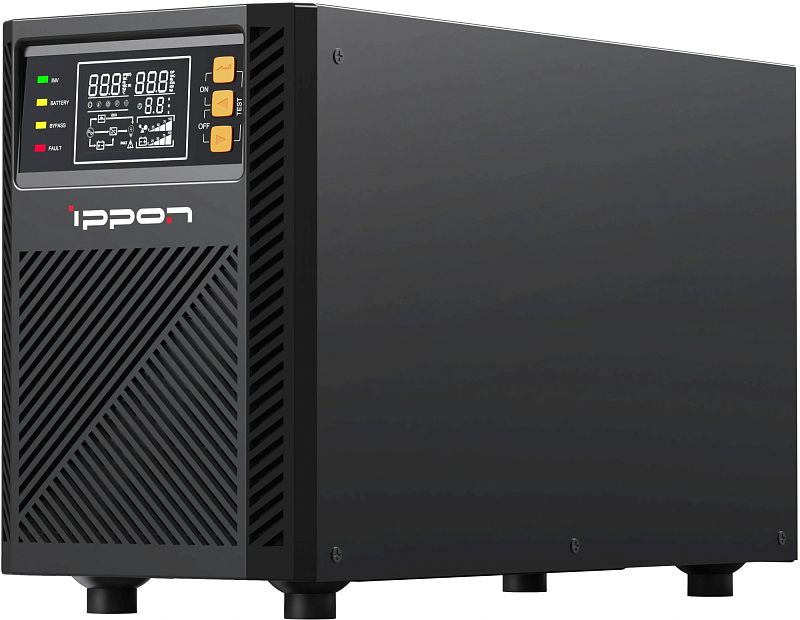 Фото-1 ИБП Ippon Innova TAE 1000 VA Tower, вид спереди слева; на передней панели видны LCD-дисплей, индикаторы, три жёлтые кнопки и диагональная вентиляционная решётка; чёрный корпус на ножках, студийное фото, полезно для страницы товара как общий внешний вид.