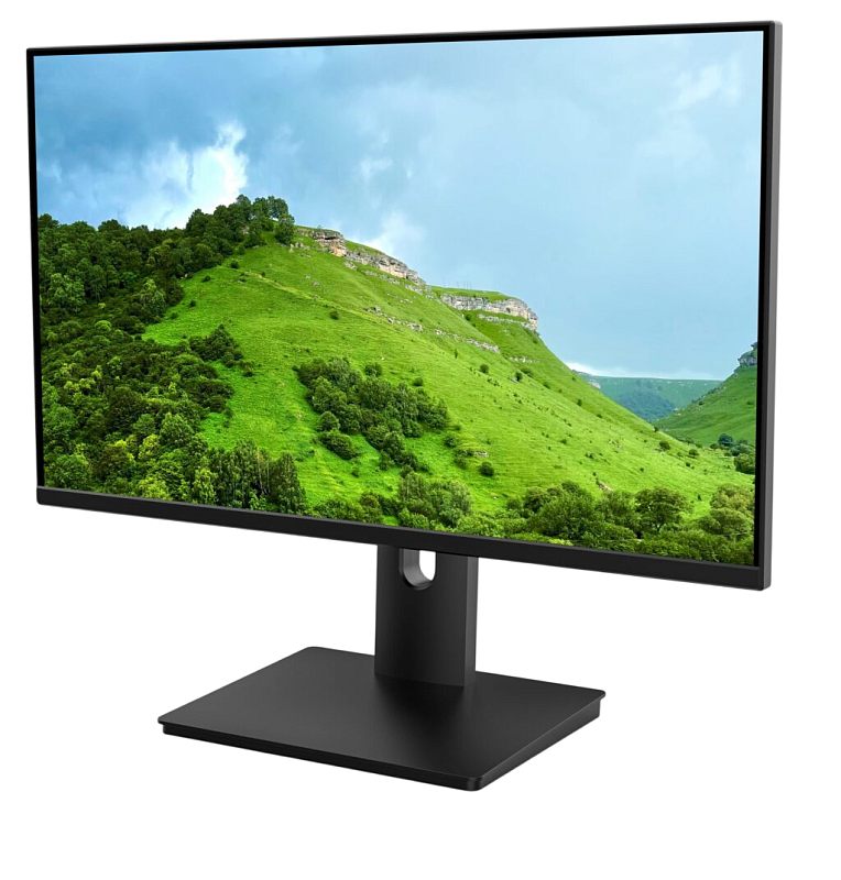 Фото-1 Монитор Бештау Valday RN27AVB 27″ IPS, вид спереди под углом; тонкие рамки, прямоугольная подставка и стойка с овальным вырезом; чёрный корпус на белом фоне, показывает общий внешний вид монитора.