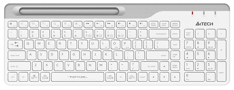 Фото-1 Клавиатура A4Tech FBK25 White, вид сверху спереди на всю раскладку. Белый корпус с серой верхней вставкой, цифровой блок, три индикатора справа сверху и длинный паз-подставка над клавишами. Подходит для страницы товара, потому что показывает раскладку и характерные элементы верхней панели.