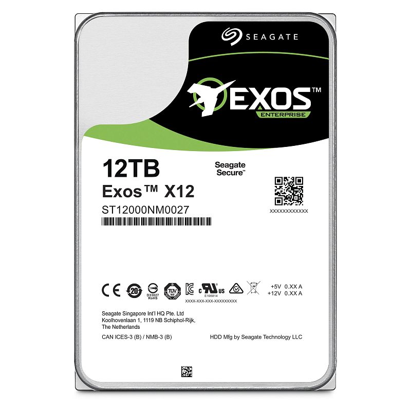 Фото-1 HDD Seagate Exos X12 12TB, фронтальная иллюстрация этикетки: логотип Seagate, надпись «Exos X12» и «12TB», модельная строка на белом фоне с зелёной вставкой; изображение помогает распознать серию и ёмкость накопителя в карточке товара.