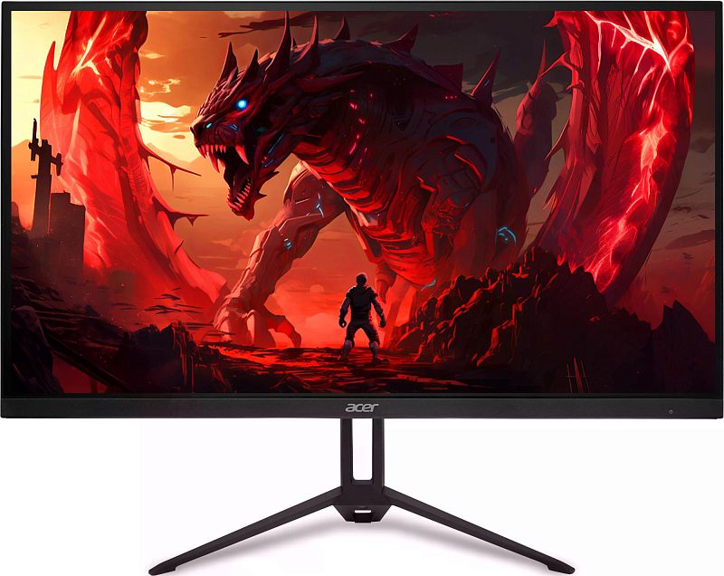 Фото-1 Монитор Acer KG273UW2bmiippx, вид спереди: на экране красно-чёрная игровая иллюстрация, логотип Acer на нижней рамке, V-образная чёрная подставка — показывает дизайн и формат стойки на странице товара.