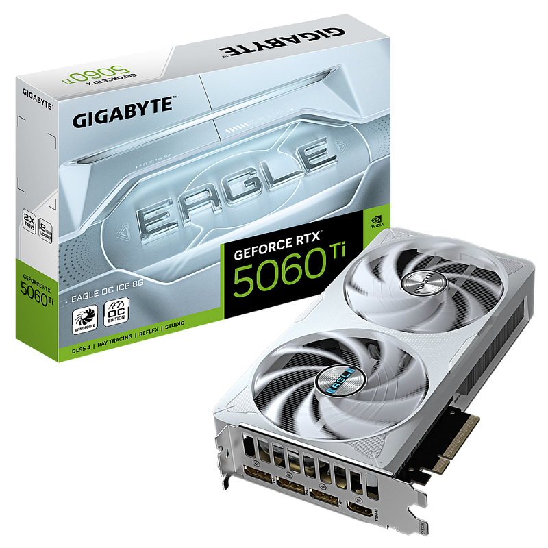 Фото-1 Видеокарта GIGABYTE NVIDIA GeForce RTX 5060 Ti EAGLE OC ICE 8GB, общий вид с коробкой. На фото белая двухвентиляторная карта и фирменная упаковка EAGLE GeForce RTX 5060 Ti; изображение связывает внешний вид модели с её коробкой на странице товара.