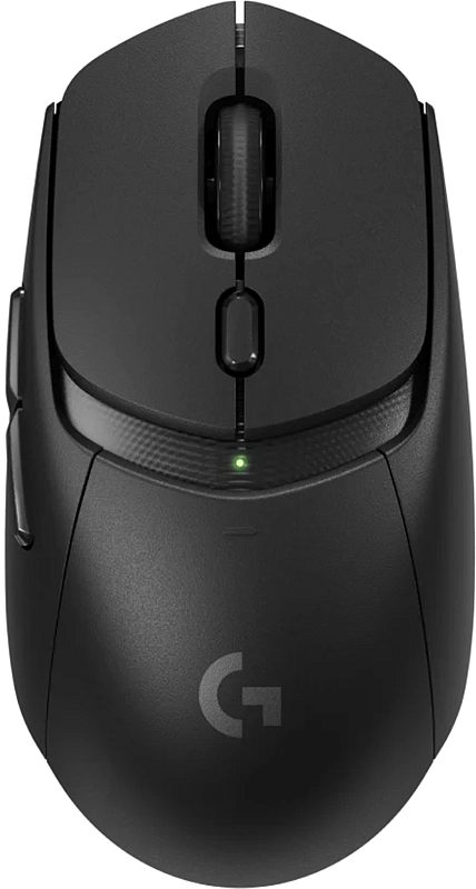 Фото-1 Беспроводная мышь Logitech G309 Lightspeed, чёрная, вид строго сверху; показаны колесо прокрутки, центральная кнопка, зелёный индикатор и логотип G на задней части корпуса. Изображение для карточки товара, чтобы показать верхнюю панель и компоновку органов управления.