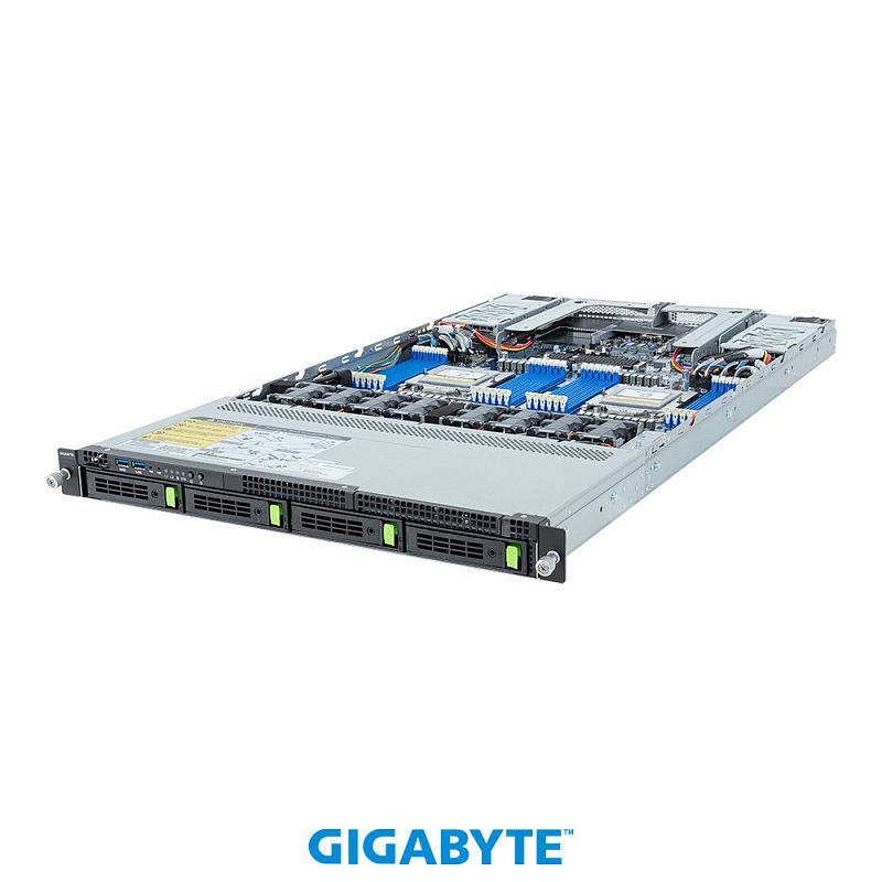 Фото-1 Серверная платформа Gigabyte R183-Z93 rev. AAD1 ACD1, вид спереди слева под углом со снятой крышкой; на фото показаны четыре фронтальных отсека 3,5 дюйма с зелёными фиксаторами, верхняя сервисная панель с USB и индикаторами и внутренняя компоновка корпуса 1U, что важно для страницы товара при показе шасси и фронтальной части.