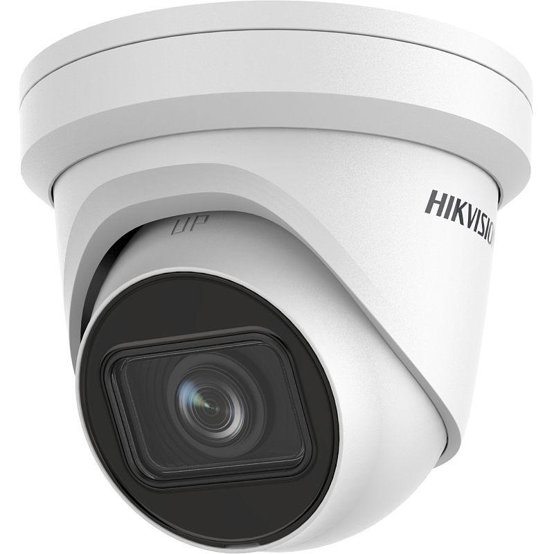 Фото-1 Камера видеонаблюдения Hikvision DS-2CD2H83G2-IZS, ракурс 3/4; белый купольный корпус, чёрная лицевая рамка, объектив по центру внутреннего модуля.