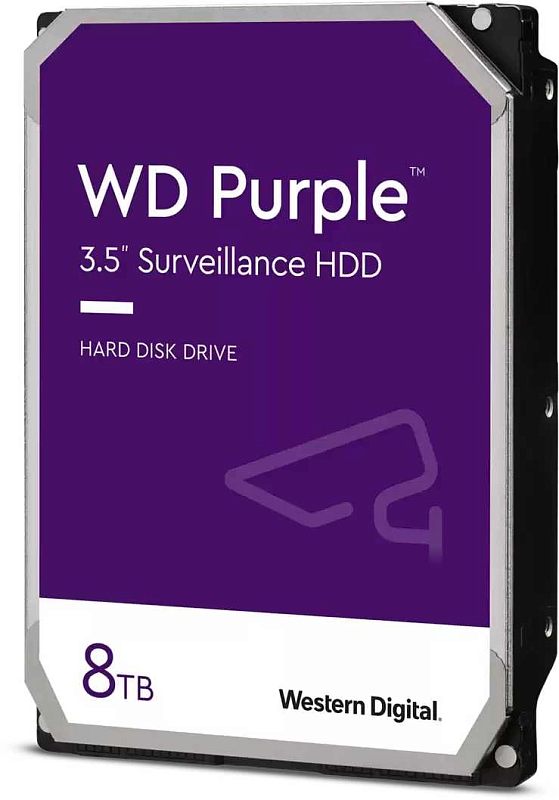 Фото-1 Жёсткий диск Western Digital WD Purple WD84PURZ, вид спереди под углом; фиолетовая лицевая наклейка «WD Purple 3.5\" Surveillance HDD» и отметка 8TB, видны боковые крепёжные отверстия; помогает распознать серию и форм‑фактор.