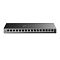 Фото-3 Коммутатор TP-Link TL-SG116E, фронтальный вид. На фото видна передняя панель с 16 портами RJ45, зелёными индикаторами над портами, металлический корпус чёрно-серого цвета и маркировка модели справа. Изображение важно для страницы товара, потому что показывает количество портов и их расположение.