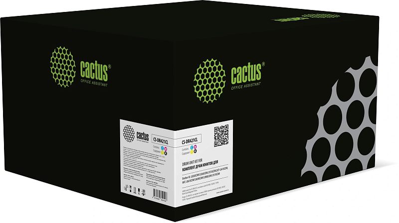 Фото-1 Барабан Cactus DR421CL, упаковка под углом: чёрная коробка лазерного барабана на светлом фоне с белой торцевой наклейкой; видны логотип Cactus, маркировка CS-DR421CL, QR-код и служебные пиктограммы на этикетке; изображение показывает упаковку и идентификацию модели для страницы товара о четырёхцветном барабане.