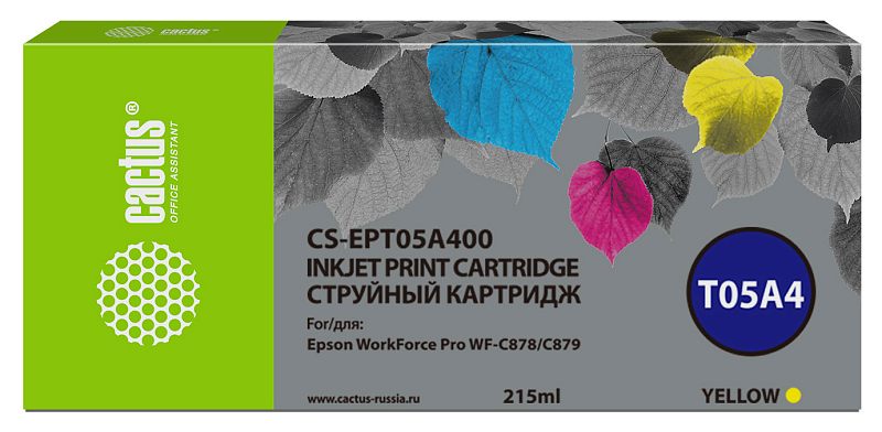 Фото-1 Струйный картридж Cactus CS-EPT05A400, Epson T05A4, вид спереди на упаковку; длинная коробка с серой лицевой частью, зелёной боковой полосой, маркировкой T05A4 и объёмом 215 мл, жёлтый цвет отмечен на панели; фото нужно для точного различения артикула и цвета на странице товара.