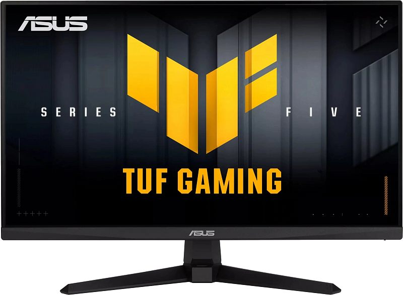 Фото-1 Монитор ASUS VG259QMR5A, вид спереди: экран с заставкой TUF GAMING, тонкая рамка, чёрная V-образная подставка; изображение для карточки товара показывает фронтальный дизайн.