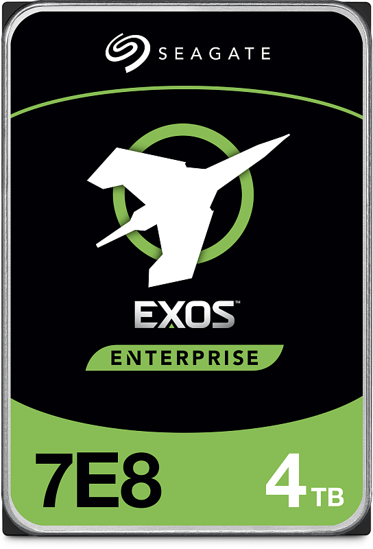 Фото-1 Жёсткий диск HDD Seagate Exos 7E8 ST4000NM003A, промо-изображение лицевой стороны: чёрная этикетка Exos с зелёным блоком и надписью «7E8 4TB», серебристая рамка по краю. Цвета: чёрный и зелёный на серебристом фоне. Контекст: визуальная идентификация линейки Exos для серверного HDD SAS 3,5".