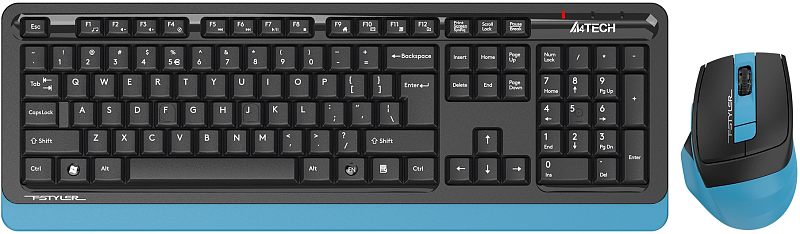 Фото-1 Беспроводной комплект клавиатуры и мыши A4Tech FG1035 — вид сверху: клавиатура с цифровым блоком и мышь рядом; чёрные корпуса с голубой подложкой и вставками. Для страницы набора показывает внешний вид комплекта.