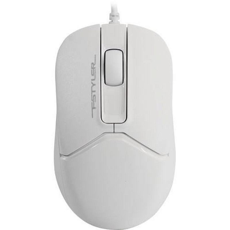 Фото-1 Проводная мышь A4Tech Fstyler FM12, вид сверху; видны белый корпус, центральная вставка с колесом прокрутки, кабель спереди и логотип FSTYLER на левой клавише, фото на светлом фоне для страницы товара, чтобы показать симметричную форму корпуса и верхнюю компоновку.