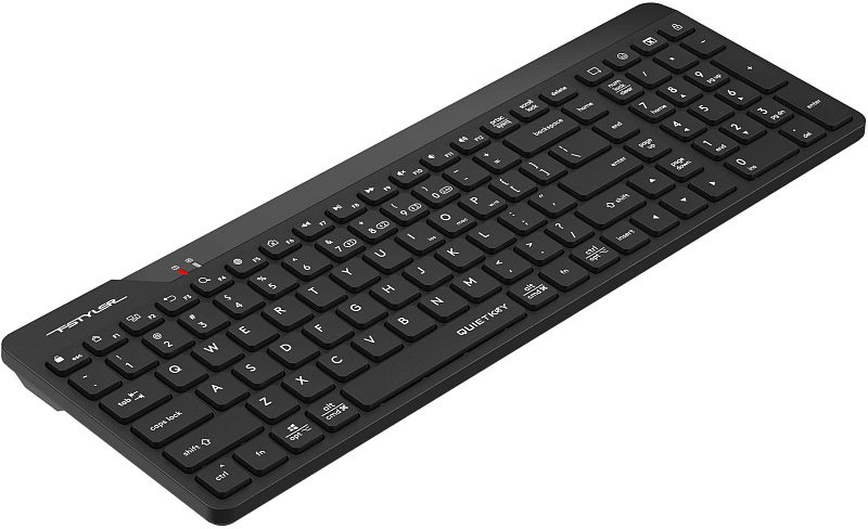 Фото-1 Клавиатура A4Tech Fstyler FBK23 AS, вид строго сверху; на фото полноразмерная беспроводная клавиатура в чёрном цвете с цифровым блоком, индикаторами в верхней части и низкопрофильными квадратными клавишами, кадр показывает раскладку для страницы товара.