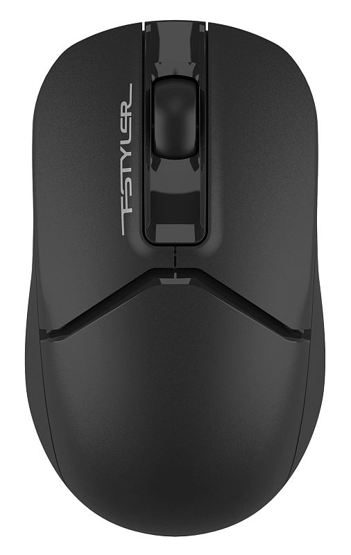 Фото-1 Беспроводная мышь A4Tech Fstyler FG12 Black, вид сверху; чёрный симметричный корпус, колесо прокрутки в глянцевой центральной вставке и логотип Fstyler слева; основное изображение товара для страницы модели.