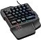 Фото-8 Игровой блок Oklick 701G Iron Fist, вид сверху под углом слева; на фото чёрный корпус с RGB-подсветкой по рядам клавиш, широкой подставкой под ладонь и кабелем сверху, кадр важен для страницы товара как показ подсветки и формы блока.