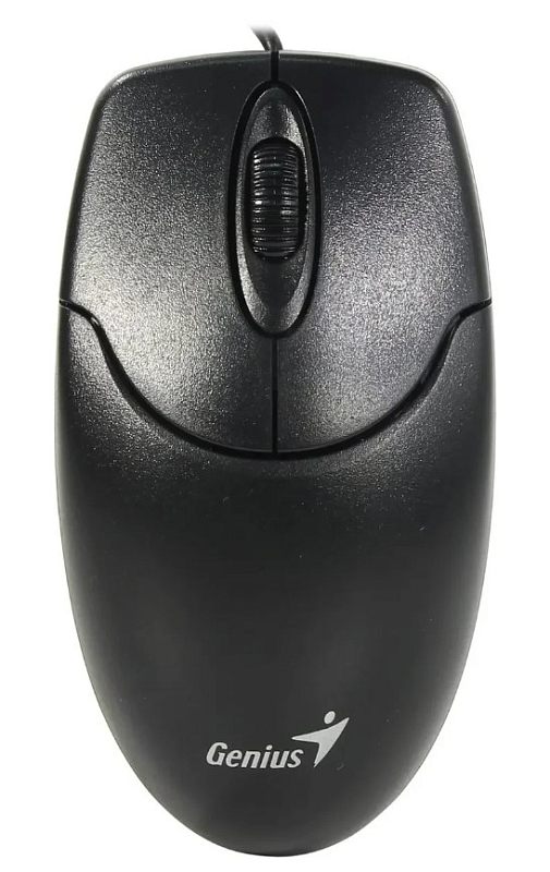 Фото-1 Проводная мышь Genius NetScroll 120 V2, чёрная, вид сверху; видны проводной кабель, ребристое колесо прокрутки, симметричные основные кнопки и логотип Genius, что важно для страницы товара с базовым внешним видом модели.