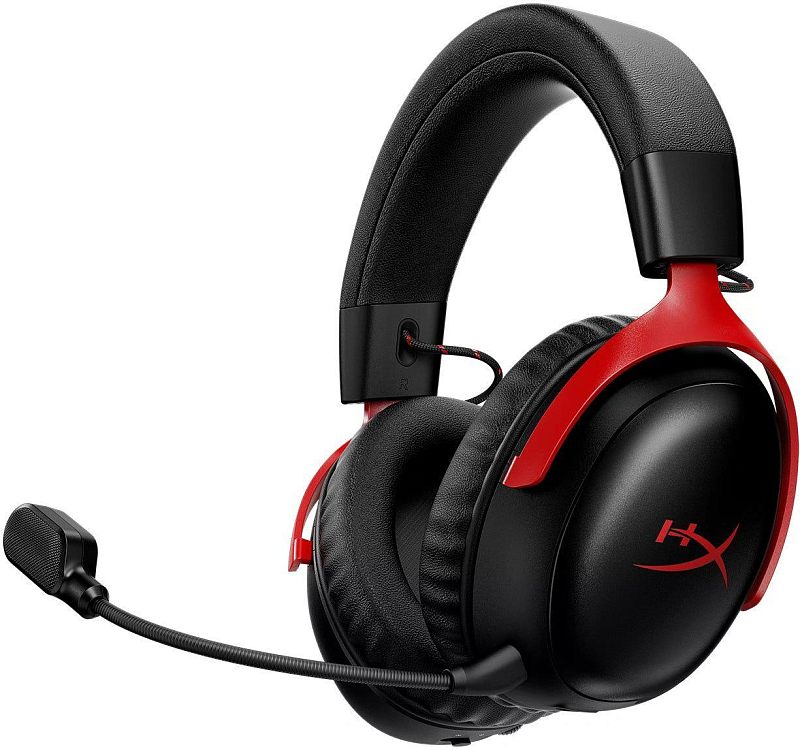 Фото-1 Наушники HyperX Cloud III S Wireless, чёрные с красным — общий вид спереди под углом; показаны полноразмерные чашки, красные декоративные элементы крепления и съёмный микрофон на гибкой штанге. На странице товара это важно для показа цветового исполнения гарнитуры.