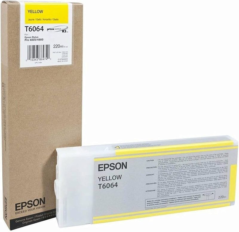 Фото-1 Струйный картридж Epson T6064, жёлтый, 220 мл, комплект из картриджа и коробки, вид спереди: на фото длинный светло-серый картридж с жёлтыми полосами и маркировкой YELLOW T6064 расположен перед крафтовой коробкой; видны боковая этикетка, торцевой узел и заводская упаковка; изображение показывает комплектность и цветовую идентификацию для страницы товара.